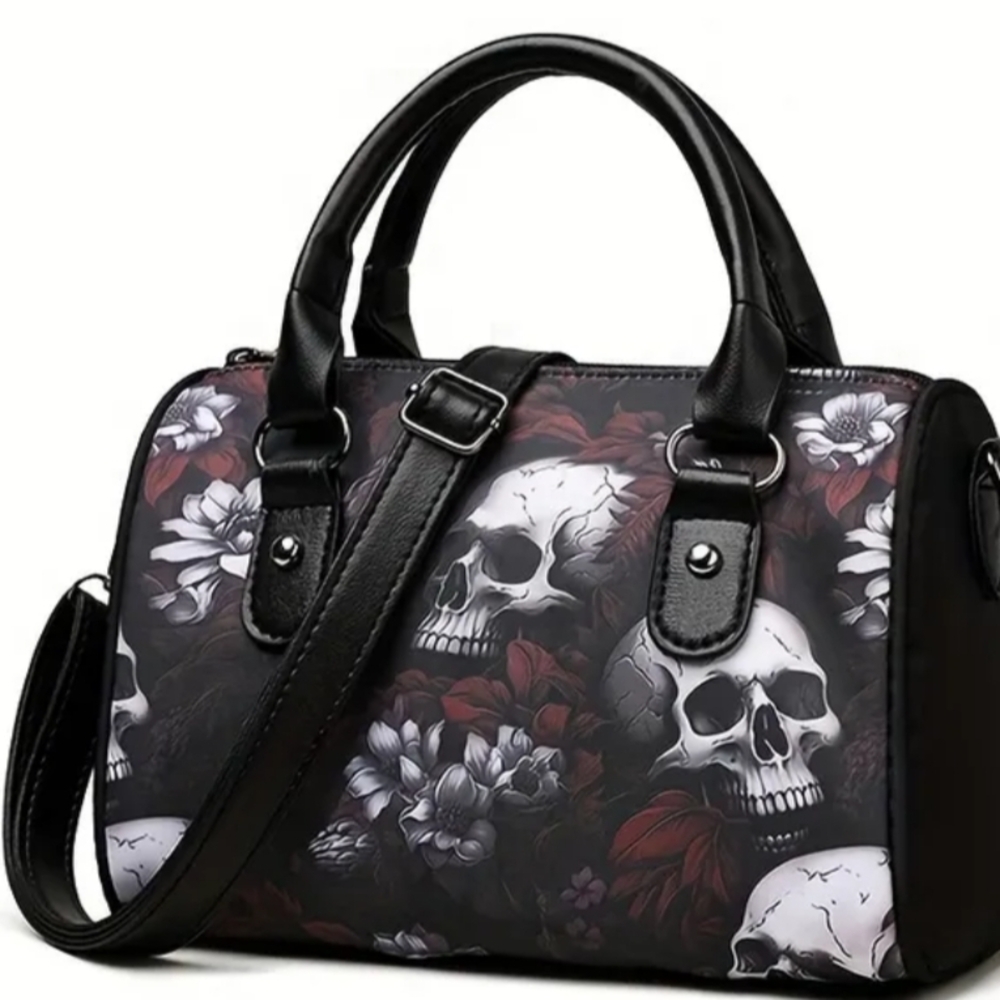 Black Skull Print Women's Handbag